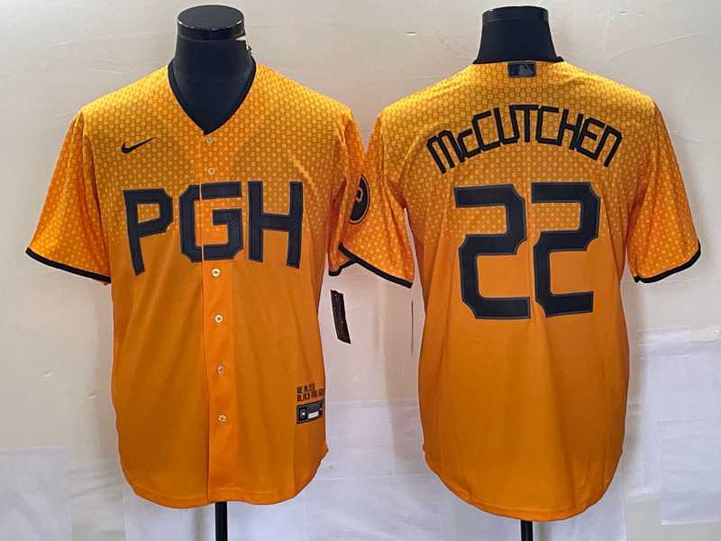 Mens Pittsburgh Pirates #22 Andrew McCutchen Gold 2023 City Connect Stitched Jersey 1